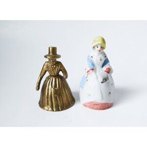 2 Vintage Small Bells Brass Welsh Lady Porcelain Colonial Lady Figural Bell